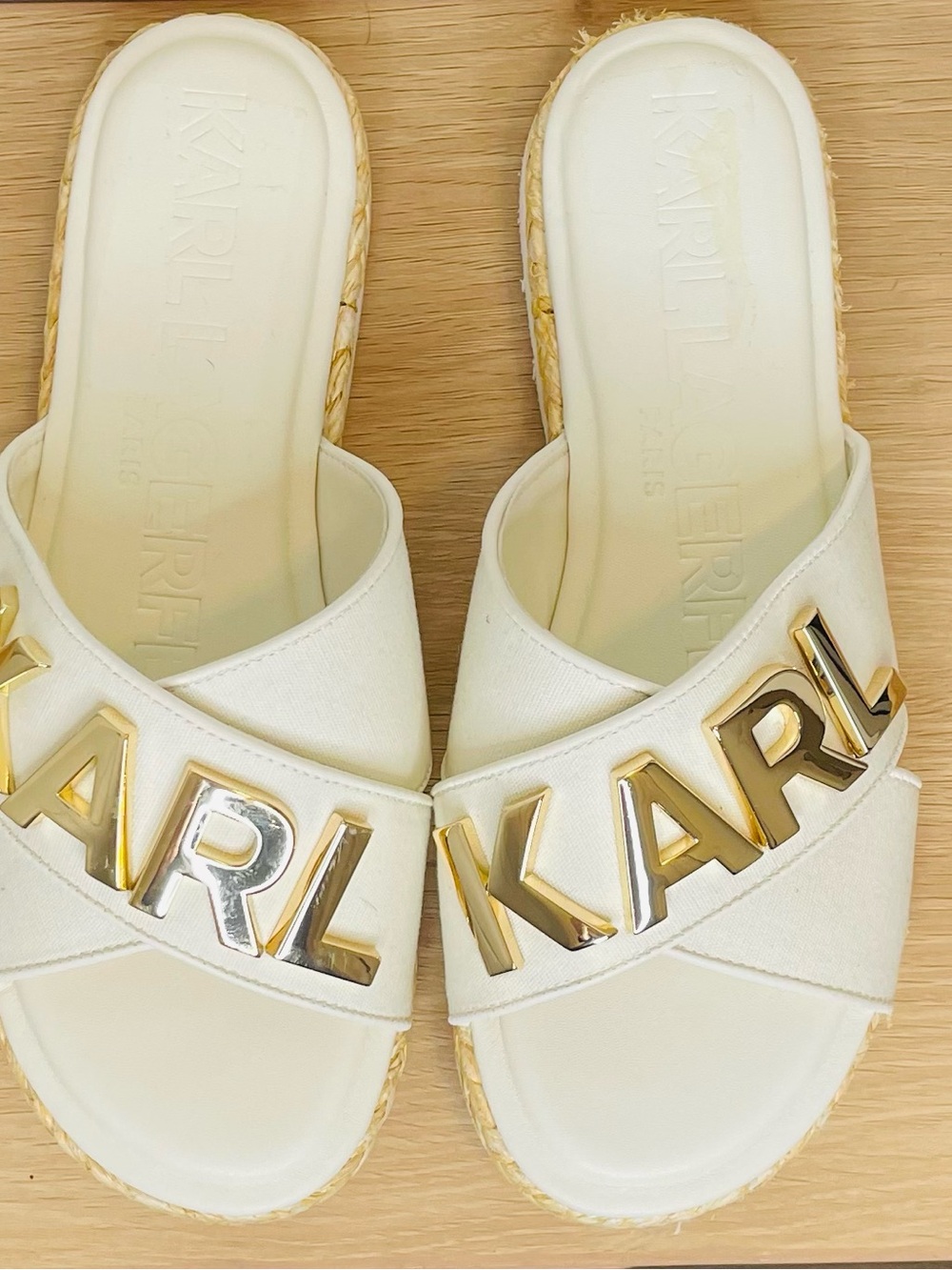 New Karl Lagerfeld White Slide Sandals with Gold Logo Letters